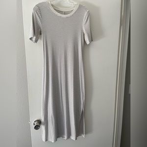 White and black striped maternity dress, mid length, scoop neck